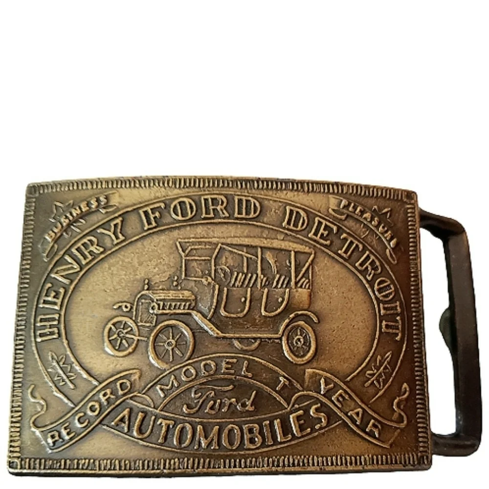 Vintage Brass Ford Motors Belt Buckle Henry Ford Detroit Model T Record Year